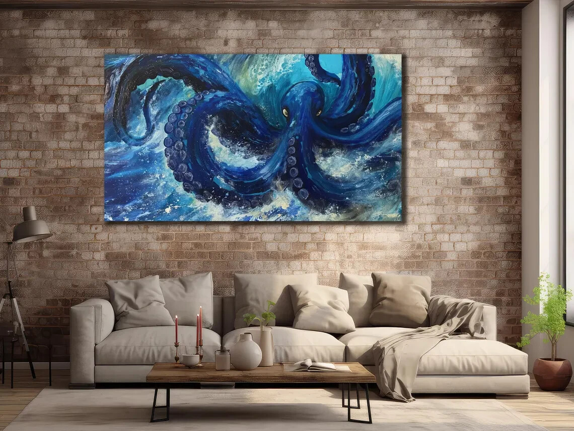 Blue Octopus in The Sea Oil Painting Unframed Canvas Print Australian Wall Art