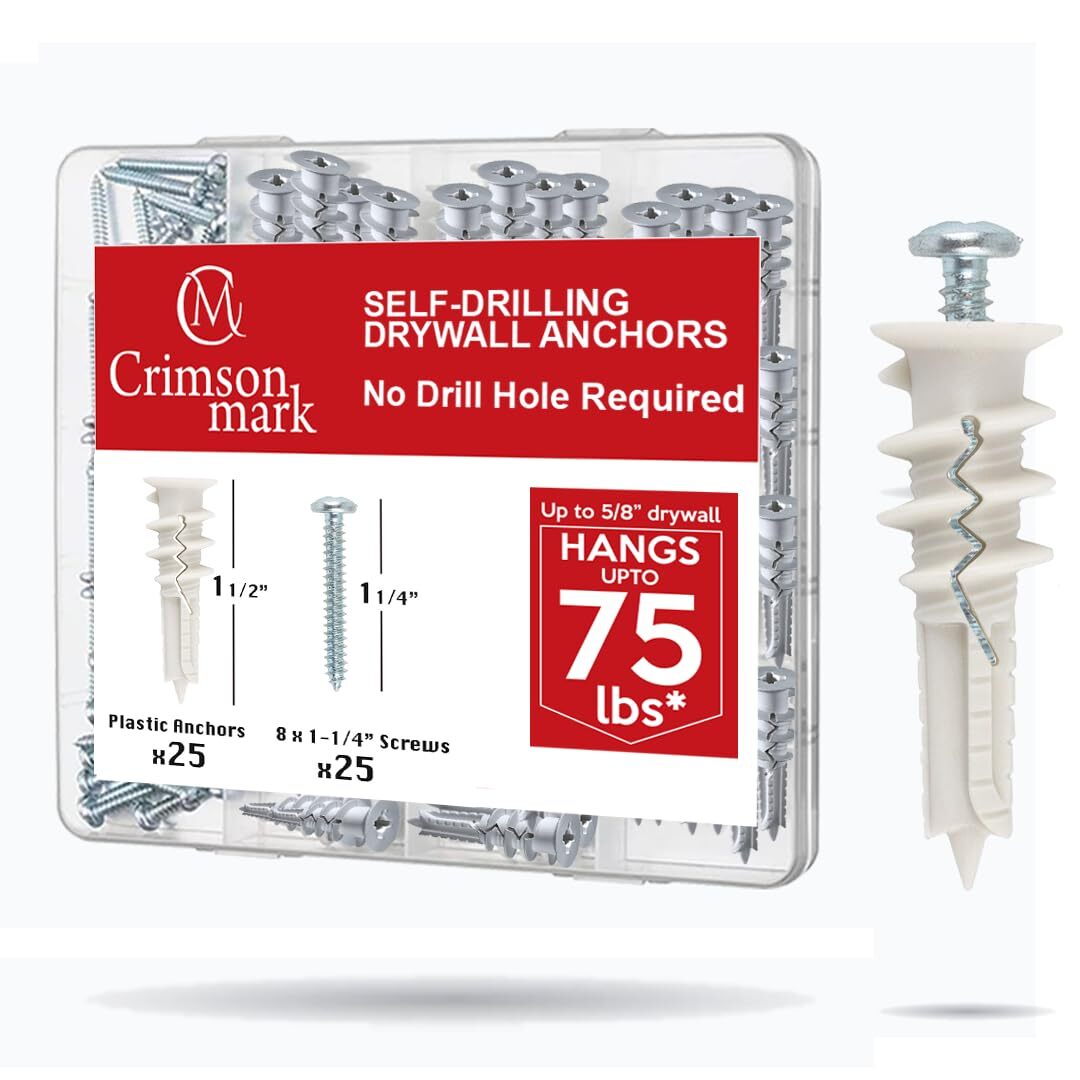 CrimsonMark 50Pcs Self Drilling Drywall Anchors and Screws kit #8 x 1-1/4”- S...