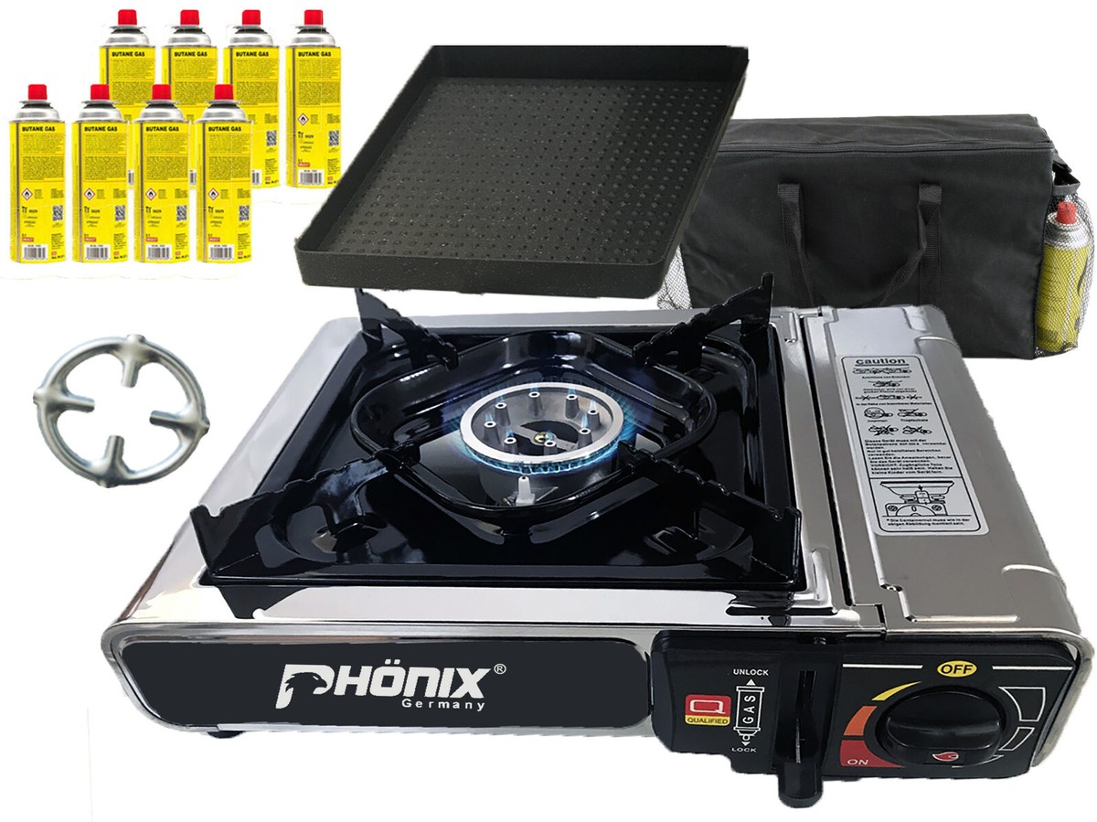 ZMC Fornello Da Campeggio 2 Fiamme + Piastra BBQ + 8 Cartucce Gas – Kit Completo Per Outdoor