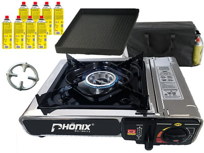 Phönix PC-20 Edelstahl Gaskocher Campingkocher + Grillplatte + 8x Gaskartuschen