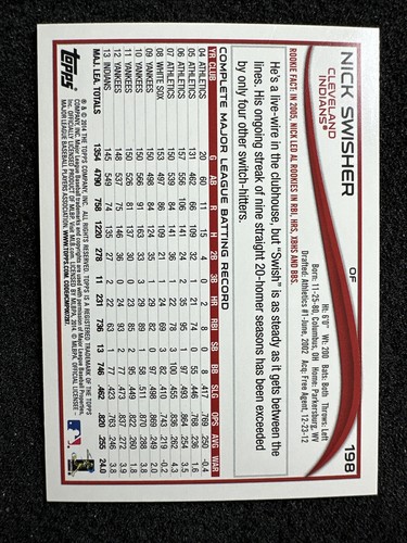 NICK SWISHER #198 2014 Topps Baseball quantità Cleveland Indians - Foto 2 di 2