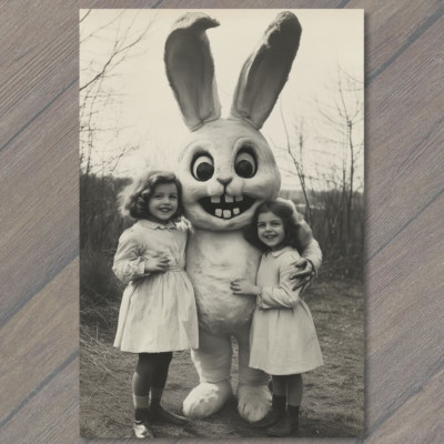POSTCARD Spooky Easter Bunny Twins Retro Outfit Haunting Weird Strange Bizarre