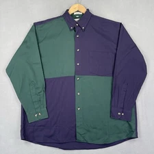Vintage Van Heusen Shirt Men's L Blue Green Color Block Button Up Single Needle