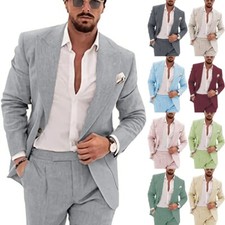 Men Linen 2Pcs Suit Summer Beach Groom Wedding Tuxedo Blazer Pants 42r 44r 46r