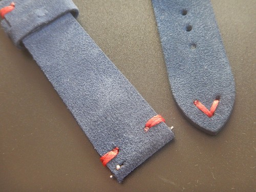 22 mm BRACELET BLEU CUIR VÉRITABLE NUBUCK COUTURE ROUGE INTERCHANGEABLES - Imagen 10 de 14