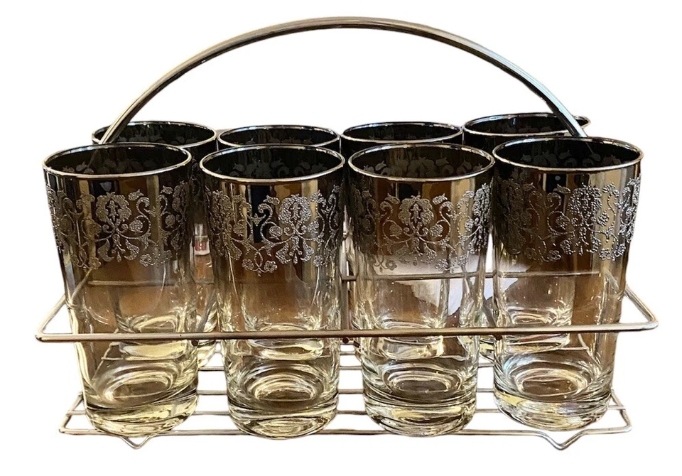 De Colección MCM Floral Esmerilado Plata Ombre Mercury Collins Highball Gafas Metal Caddy Foto 2 de 4