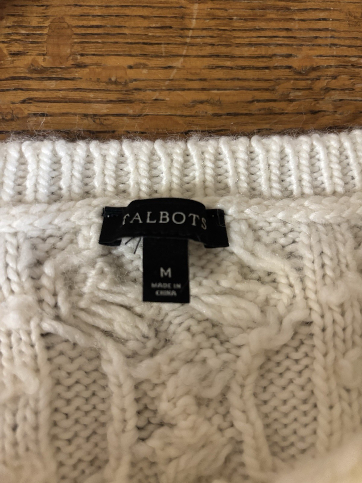 TALBOTS Cable-Knit Sweater Women Medium Off-White Cream Ivory Wool Pom Fisherman thumbnail 9