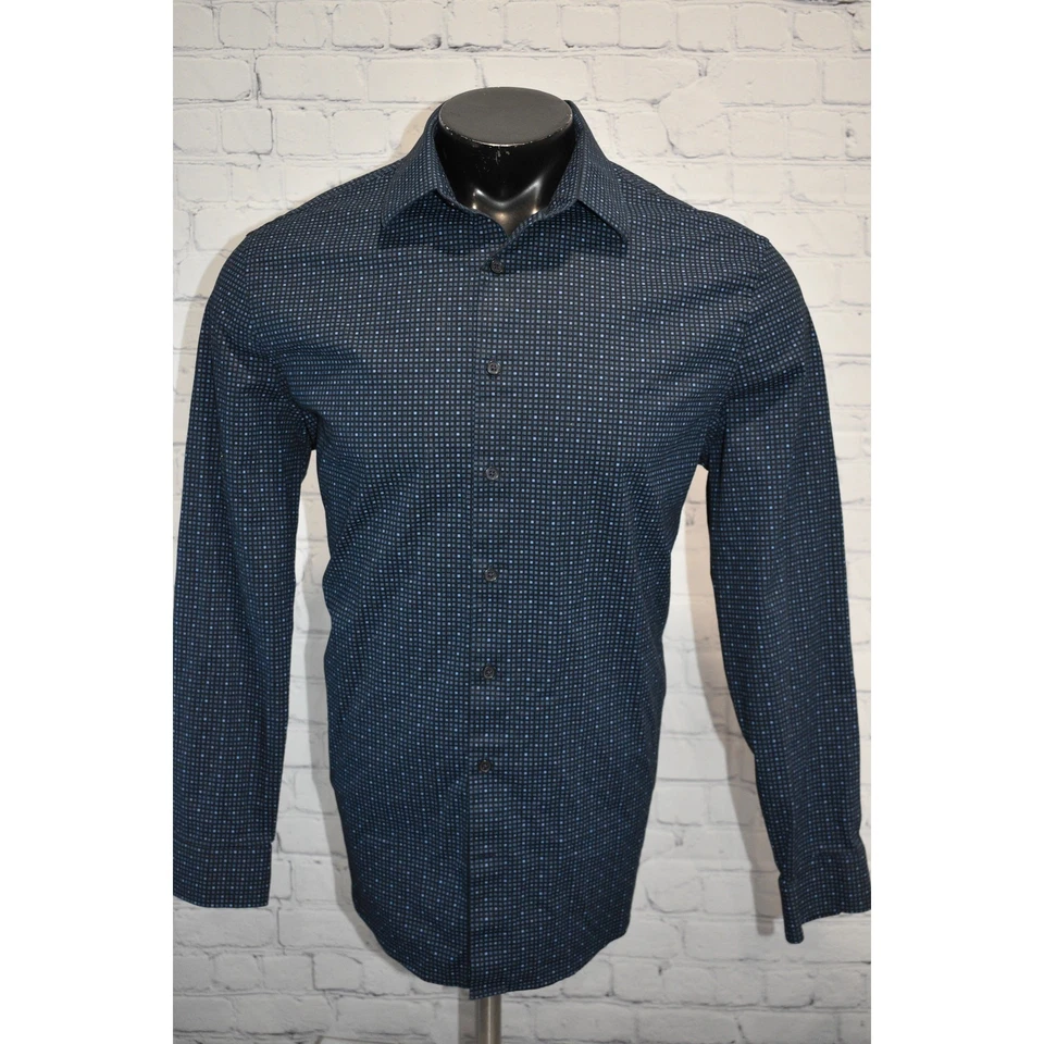 Camisa de vestir Express 1MX para hombre talla grande calce ajustado elástica azul geométrica Foto 2 de 4