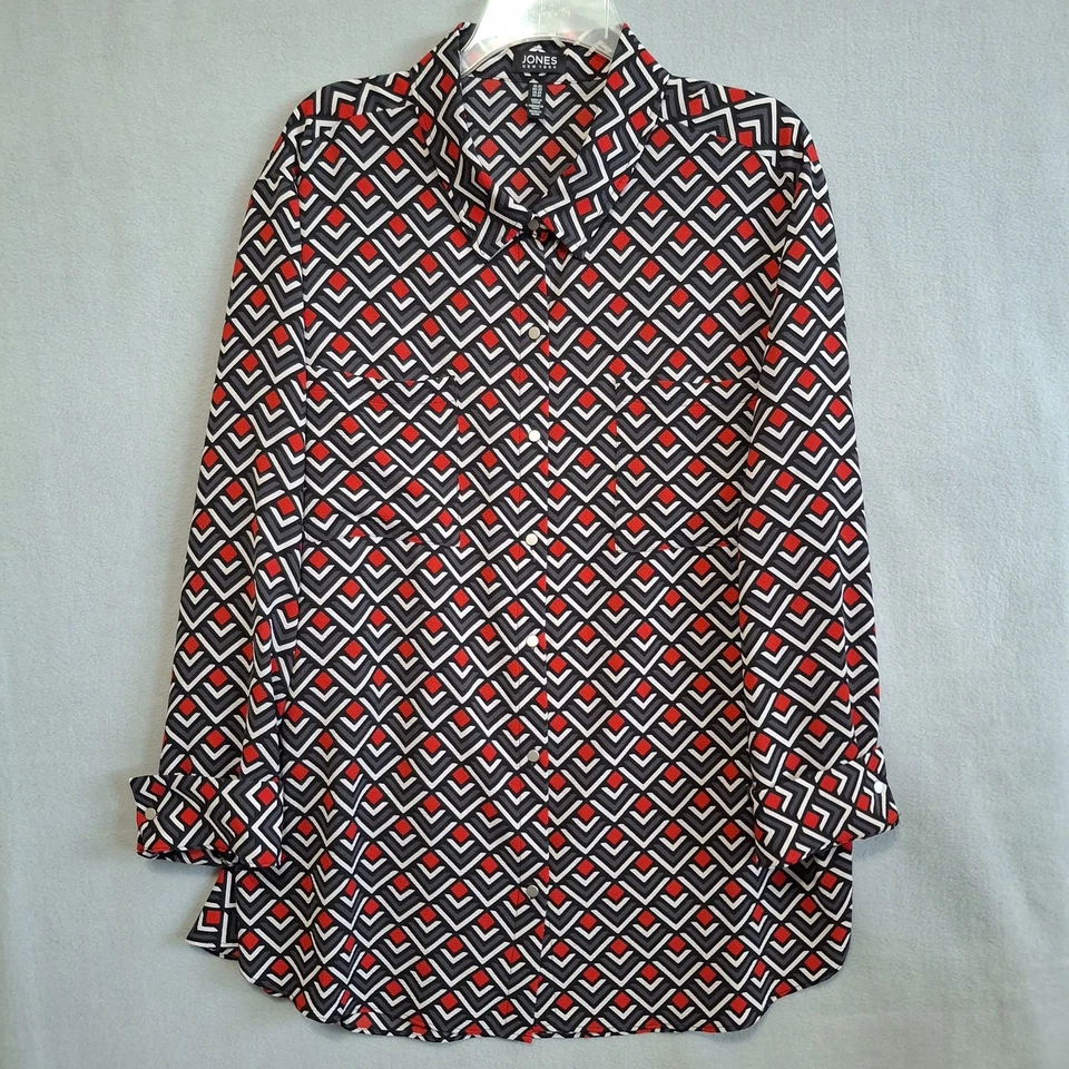 Camisa Jones New York Para Mujer 2X Abotonada Roja Gris Geométrica Elastizada Carrera Foto 2 de 4