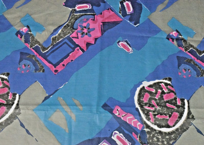Vintage Fabric 90s Abstract Blue Pink Gray Waxy Cotton Blend 3Yd X 74In