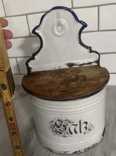 French Country Style Antique German Enamel Antique Salt Box Pot Of Sel Shabby - Picture 3 of 10