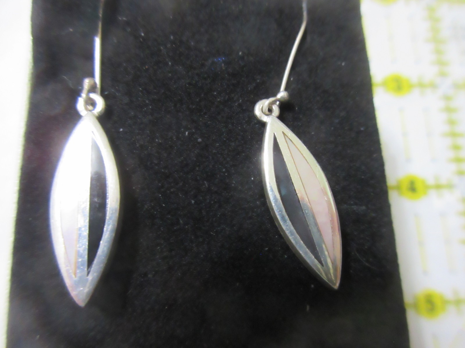 MOP & Onyx Inset Dangle Drops Sterling Silver Pierced Earrings Hooks