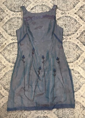 Vintage Y2K City Triangles Embroidered Turquoise Silk Dress - Image 1 of 4