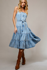 Boho Western Vintage Washed Denim Tiered Flared Midi Dress M