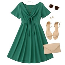 Exlura Green Flutter Sleeve Midi Dress XL Tie-Back High-Low Hem Elastic Waist