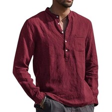 Mens Cotton Linen Long Sleeve Henley Shirt Casual Baggy Button-up Tops T Shirt