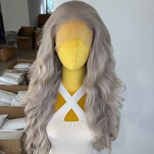 Frontal T Lace Wig Long Wavy Heat Resistant Hair Soft Women Silver