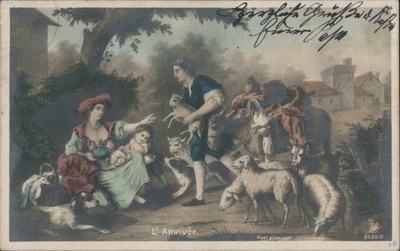Huet L'ARRIVEE. Pastoral Scene with Shepherds & Sheep 1910 Bruxelles Postcard