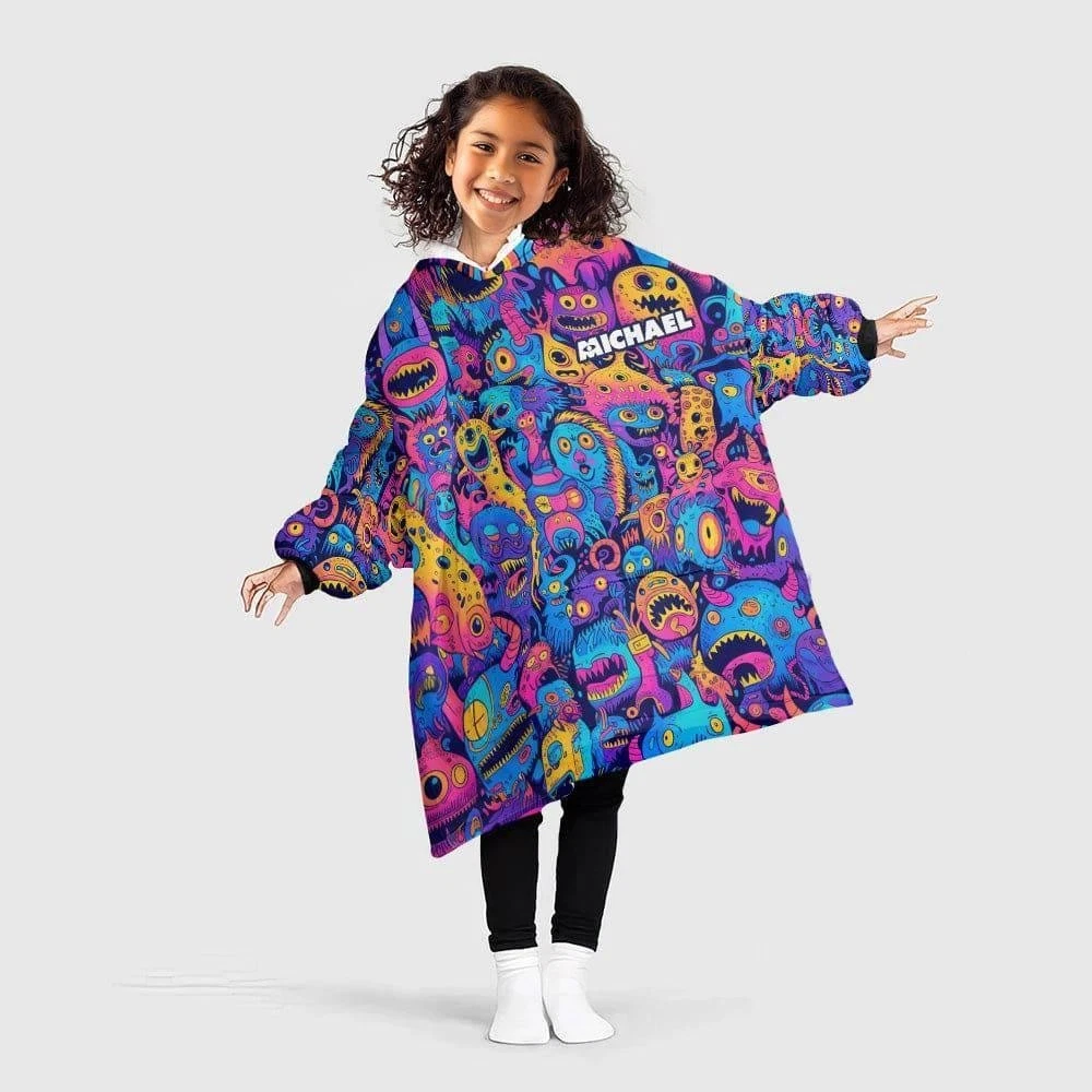 Personalized Neon Monster Pattern Halloween Snug Oversized Wearable Hoodie Blan