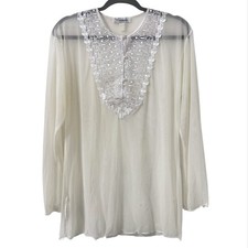 Vintage Escante Lingerie White Lace Button Ruffle Sleeve Medium Sheer Ethereal