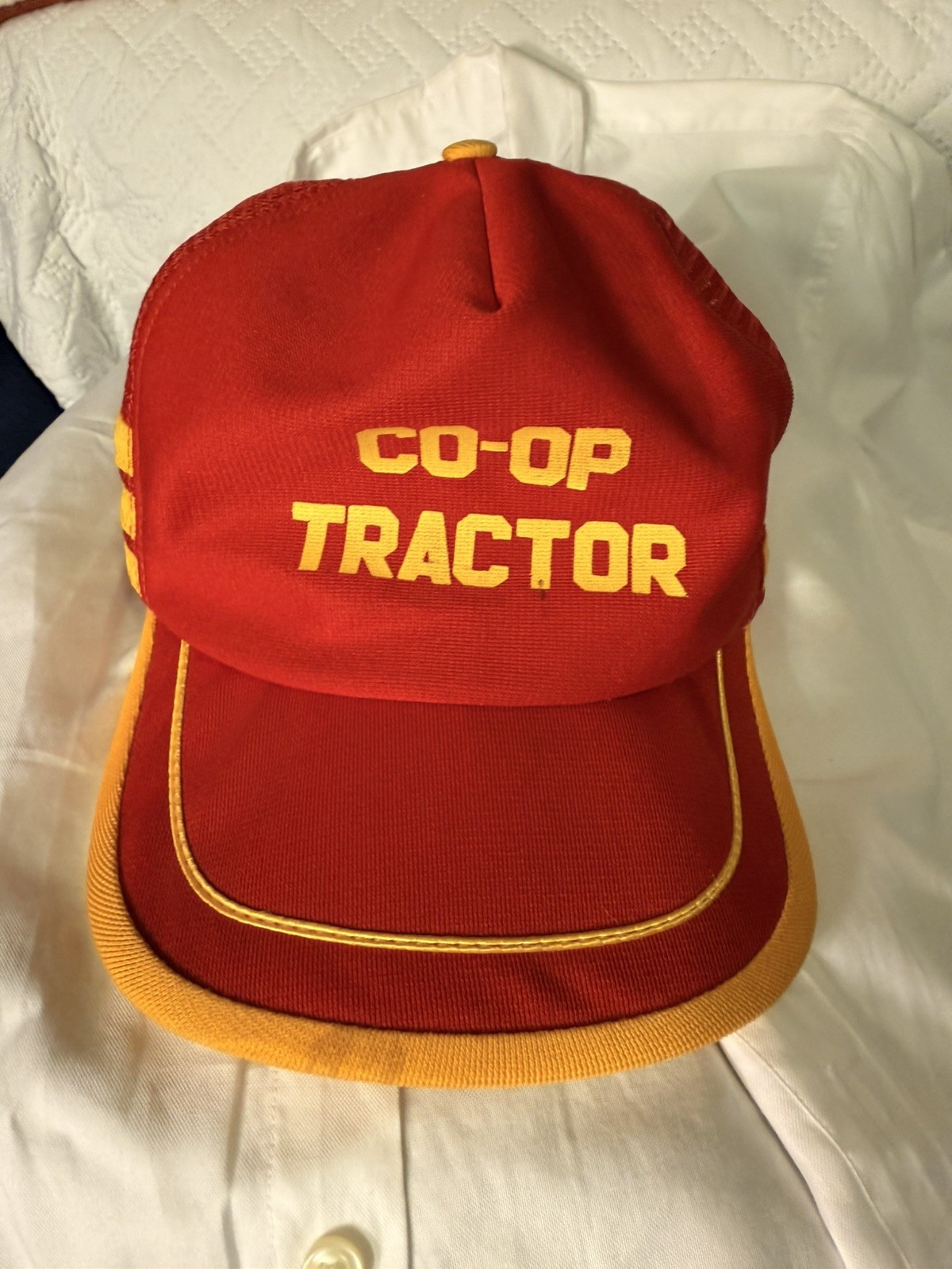 Vintage 80s Red & Yellow Co-op Tractor SnapBack Hat Lightweight Foam Trucker
