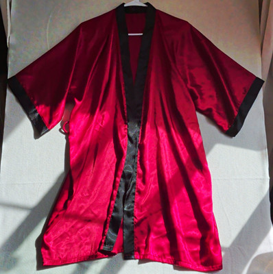 Vintage 90s Red Satin Kimono Robe Long Magenta Black Trim Open Lounge Wrap Sz M/