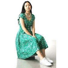 Vintage 1970 1980s Neil Martin Green Ramie Cotton Dress Pockets Size 12 Runs SM 