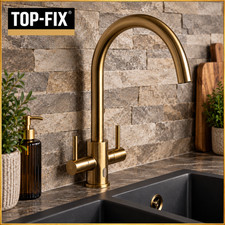 Top Fix Torra Brushed Brass Kitchen Mixer Tap Twin Lever Easy Fit Swivel Spout