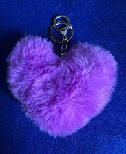 Purple Faux Fur Heart Keychain, Detachable Keyring, Silver Tone