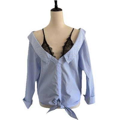 Urban Revivo Layered Shirt Size 10 Blue Pinstripe Black Lace Detail Off Shoulder
