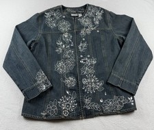 Chico's Embellished Denim Jean Jacket Size 2 Large Blue White Embroidered EUC