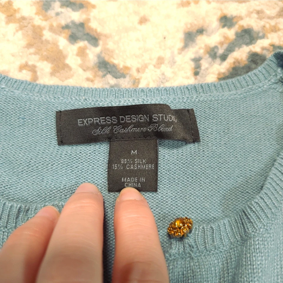 Cárdigan Express Design Studio Azul Seda Cachemira Mujer Talla M Estrás Botón Foto 3 de 4