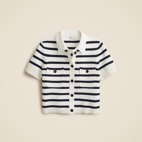 NWT! J. CREW Collared Short Sleeve Cardigan Stripe Ivory Navy Blue Preppy Medium - Picture 7 of 13
