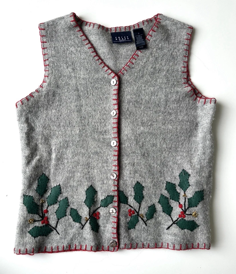 Vintage Gray Christmas Holiday 100% Wool Appliqué Beaded Sweater Vest Size Small - Image 4 of 4