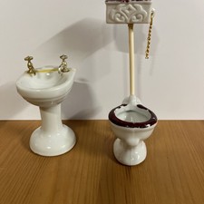 Vintage Dollhouse White Porcelain Bathroom Sink and Toilet