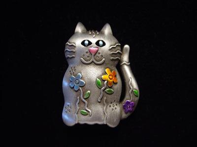 ''JJ'' Jonette Jewelry Silver Pewter 'Bright Floral CAT' Pin 