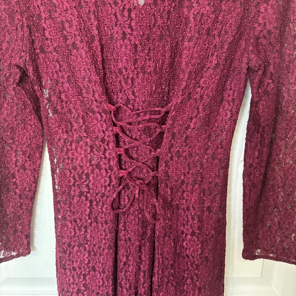 All That Jazz Vtg Burgundy Lace Overlay Maxi Dress Goth Steampunk