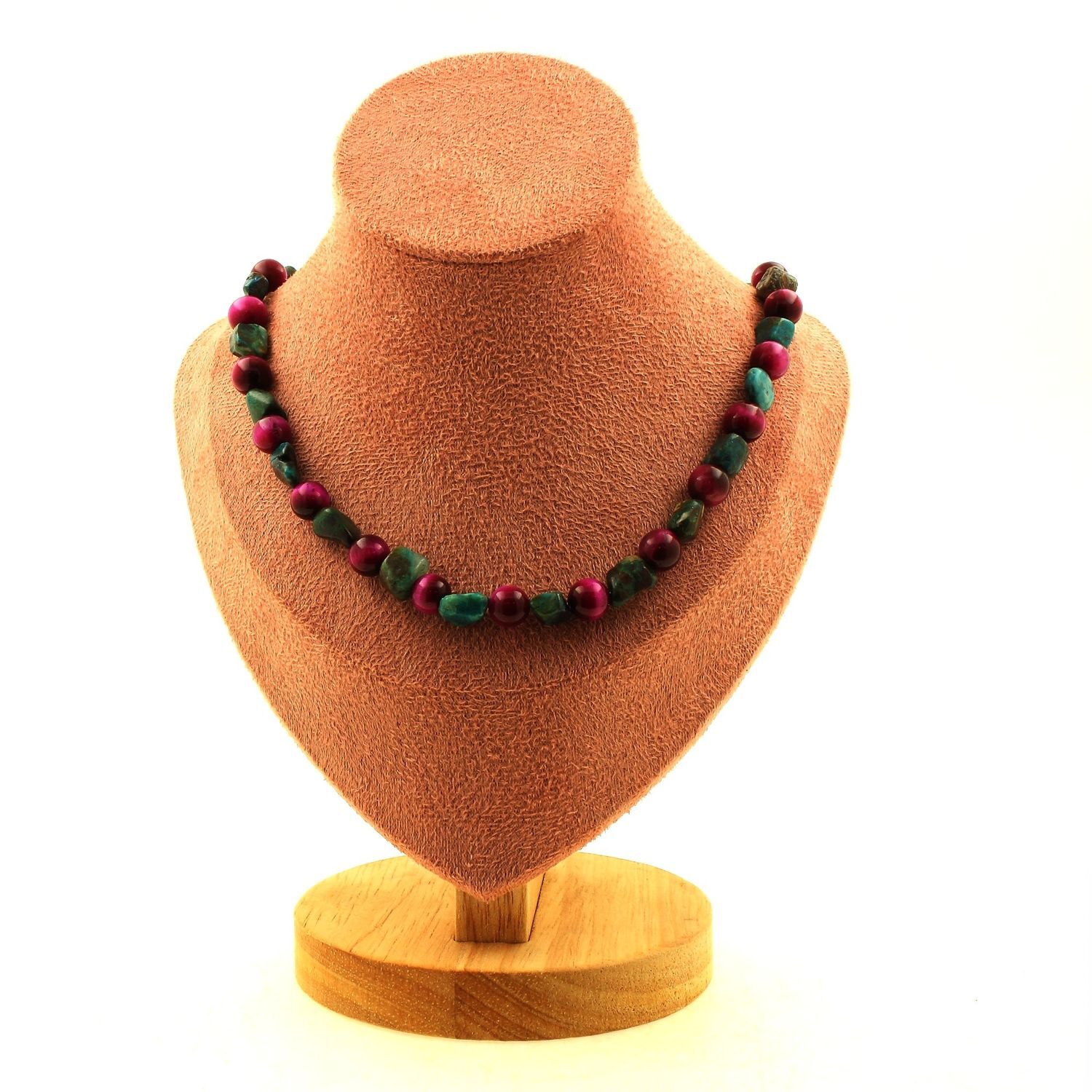 Collier chrysocolle des USA et œil de tigre fuchsia 8 mm : chaîne et perles naturelles