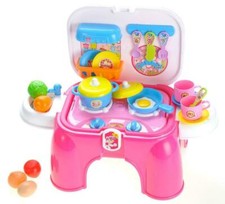 Portable Kids Kitchen Cooking Set Toy With Lights Sounds, Folds Into StepStool