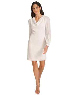 New! Size 4 CALVIN KLEIN Sheath Dress White Allover Sequin Front Cowl Neckline