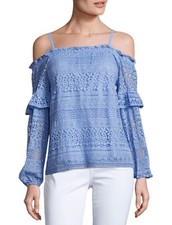 NUEVO CON ETIQUETAS PARKER "JORDANA" HOMBRO FRÍO OJALES ENCAJE BLUSA TOP Talla XS AZUL POLVO $210