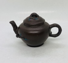 Antique Chinese Clay Yea Pot Bamboo Handle Leaves Art Decor Seal Stamped X