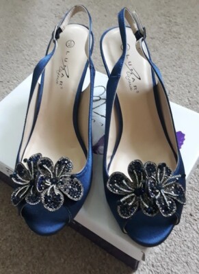 Lunar Elegance Ankara Navy peep toe, sling back shoe size UK