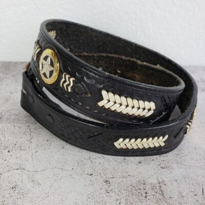 Vintage Western Bohemian Tooled Leather Belt Whipstitch 