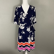 VINCE CAMUTO Dress Size 8 Floral Wrap Navy Blue Short Sleeve V-Neck Stretchy Tie