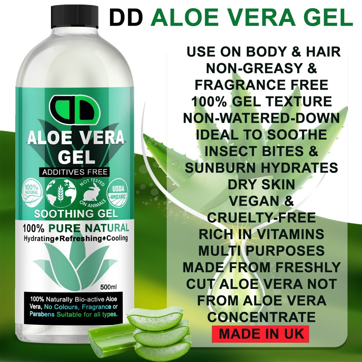 100% Pure Aloe Vera Gel - 500ml Organic Multipurpose Skin & Hair Care