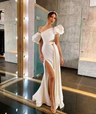 Long Ivory Satin Evening Dresses Sheath Pleated Watteau Train Prom Dress