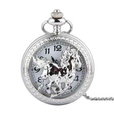 Western Equestrian Bright Silver Horse Pocket Chain Watch Battery Operated
