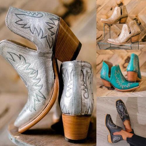Botas al tobillo de vaquero occidentales bordadas con punta en punta zapatos sin cordones para mujer