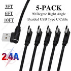 5 PACK 90 Degree Angle USB-A to USB-C Charger Cable Fast Charging Type Sync Cord